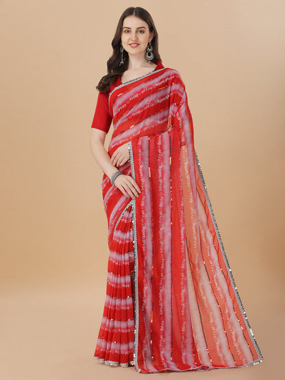 Superhit Sequence Embroidered Printed Red Saree