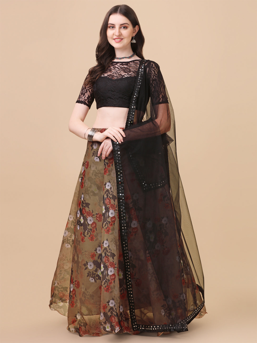 Flower Printed Brown Color Organza Lehenga Choli