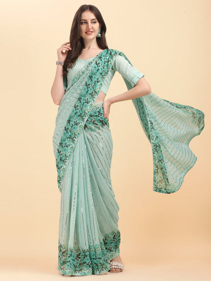 Glimmering Sequence Work Pista Color Saree