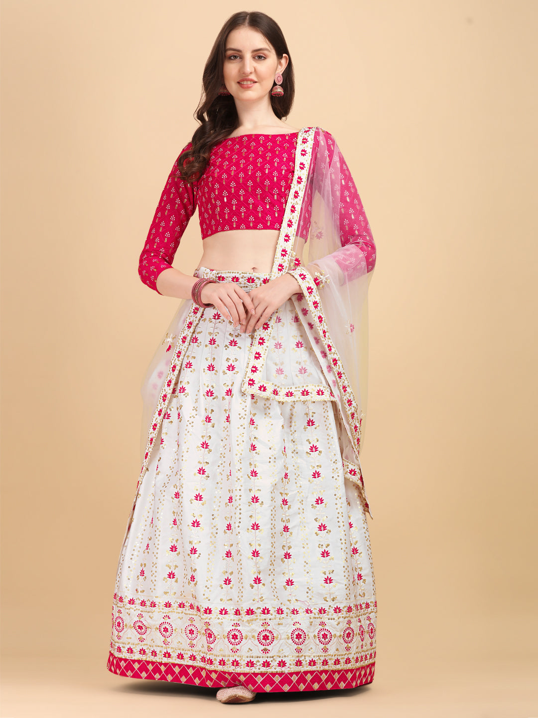 Outstanding Pink And White Work Lehenga Choli