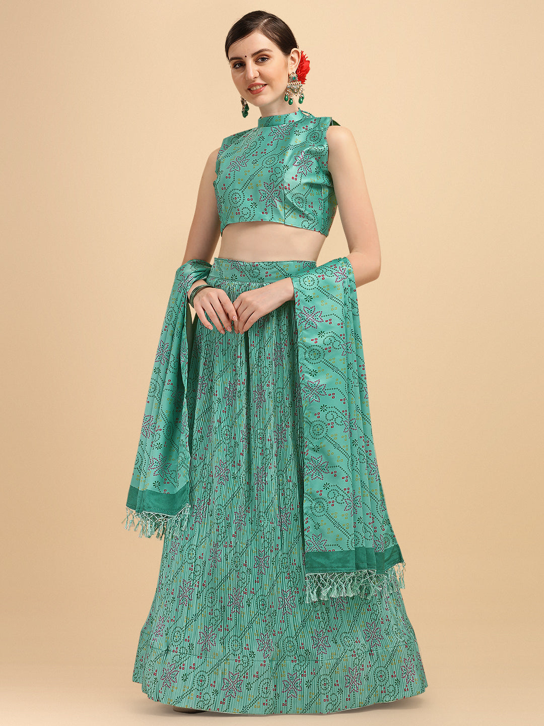 Fantastic Turquoise Color Digital Printed Crushed Lehenga Choli