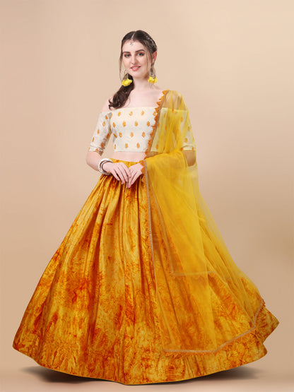 Trendy Digital Print Yellow Color Silk Lehenga Choli