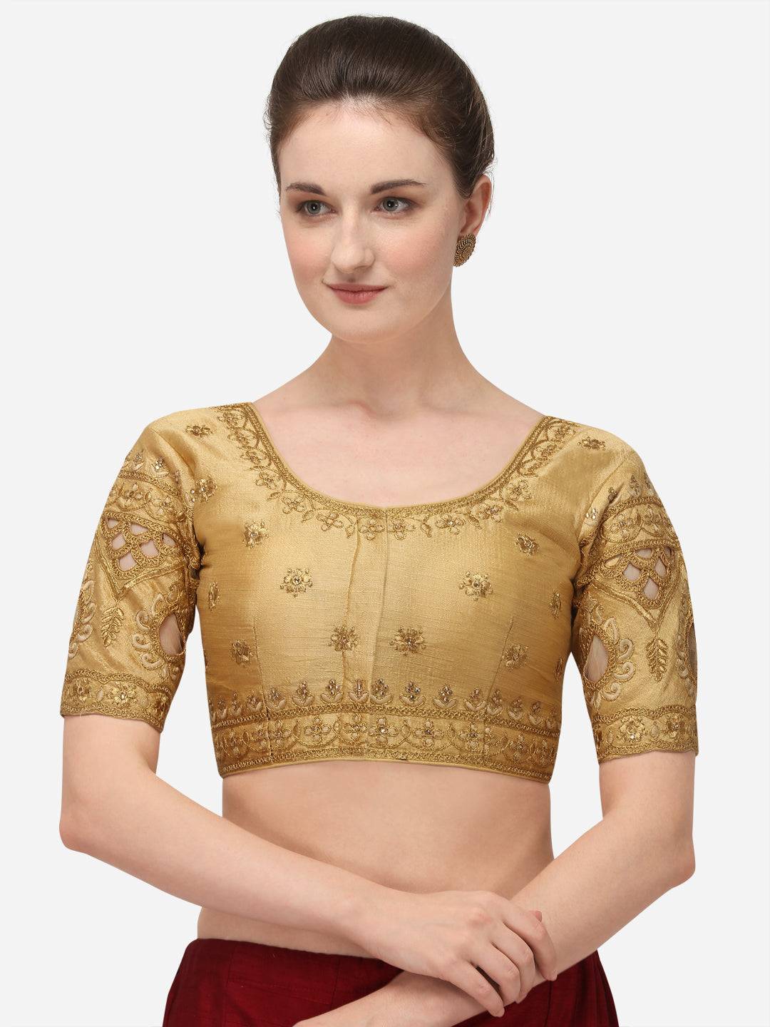 Beige Color Round Neck Embroidery Work Silk Blouse