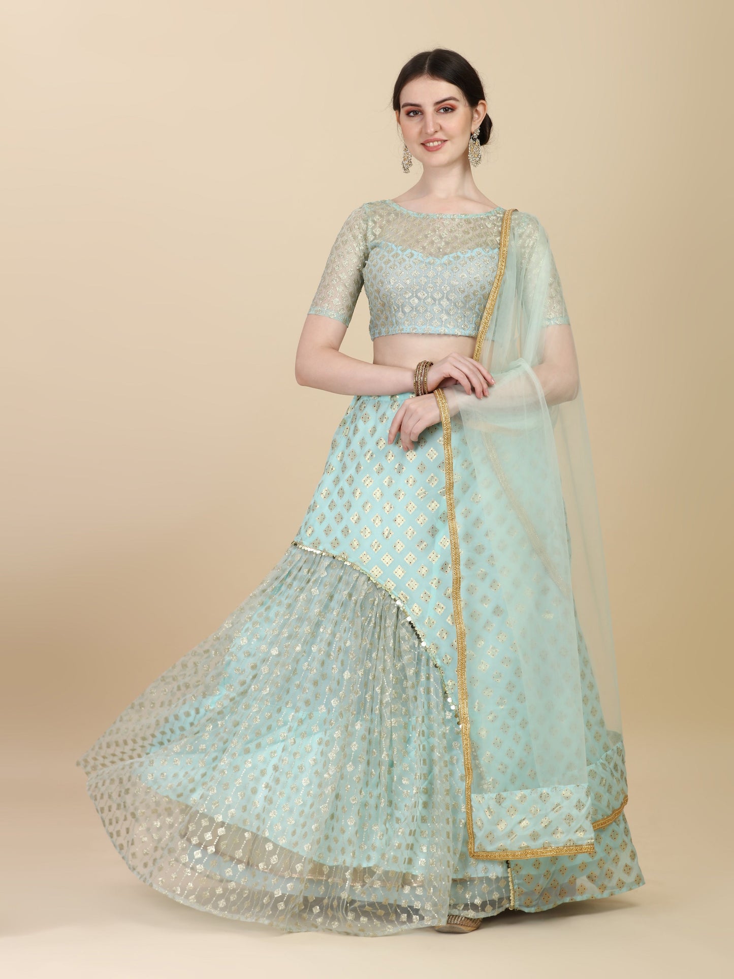 Unique Sky Blue Color Satin With Net Lehenga Choli