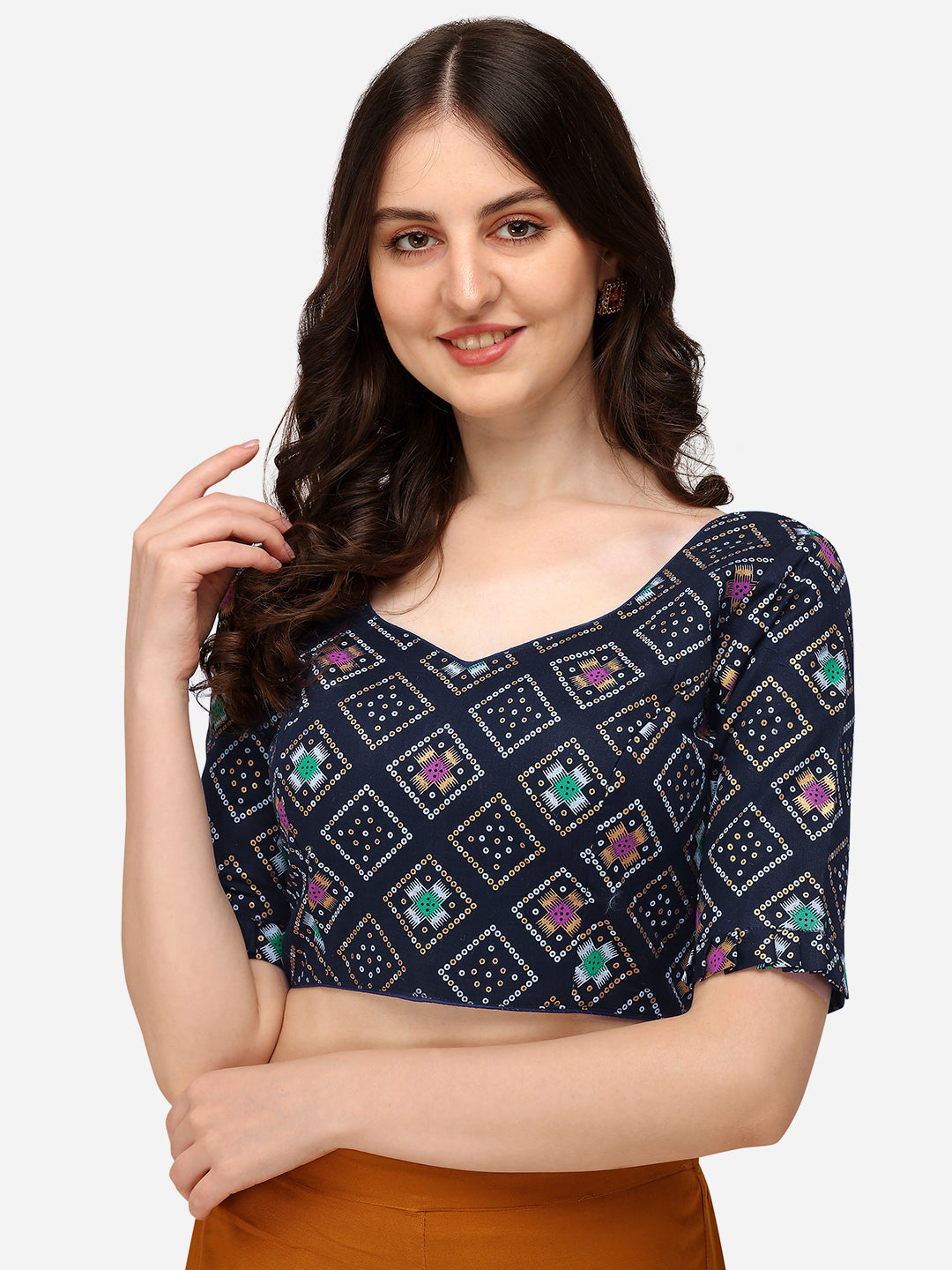 Exclusive Navy Blue Color Jacquard Work V Neck Readymade Blouse