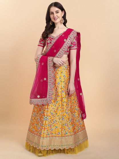 Stunning Yellow And Pink Color Embroidered Work Lehenga Choli