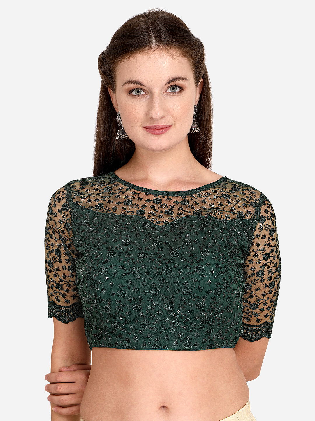 Stylish Green Color Embroidered & Sequence Work Net Blouse