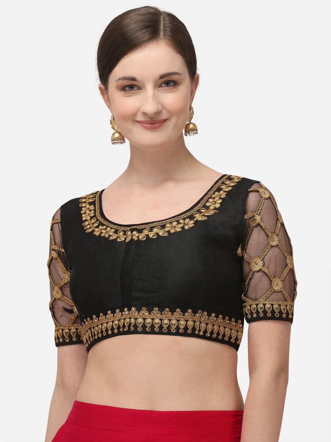 Black & Gold Color Embroidered Phantom Silk Blouse