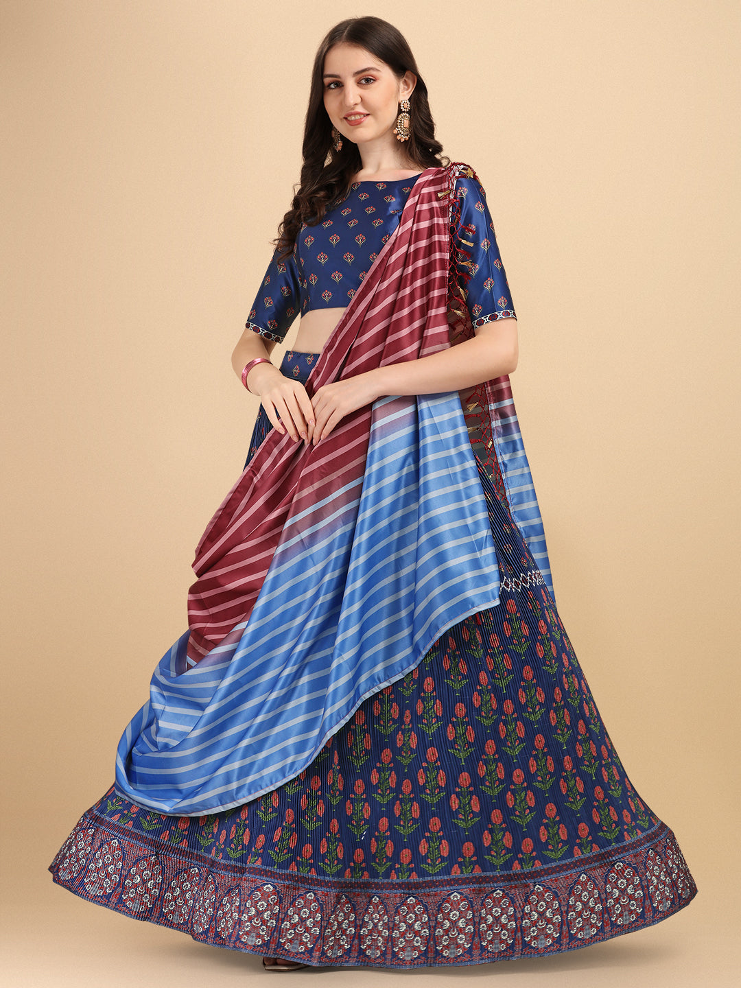 Digital Printed Navy Blue Color Crushed Lehenga Choli