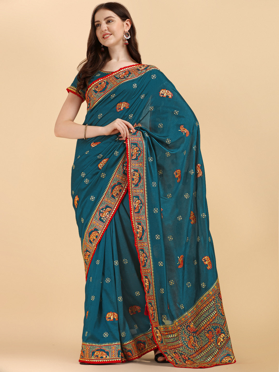 Marvelous Morpich Color Vichitra Silk Saree