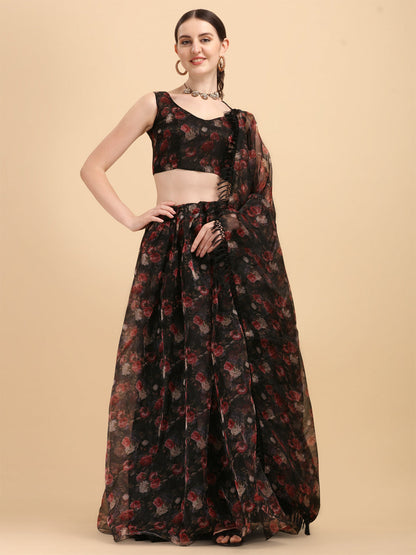 Awesome Printed Black Color Organza Lehenga Choli