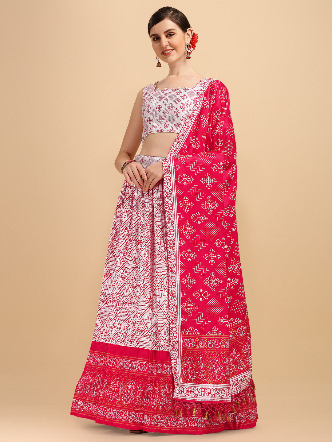 Digital Printed White & Pink Color Crushed Lehenga Choli