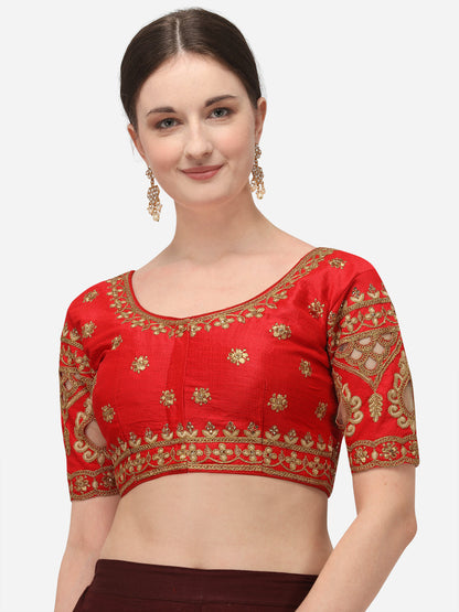 Red Color Round Neck Embroidery Work Silk Blouse