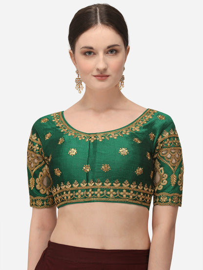 Green Color Round Neck Embroidery Work Silk Blouse