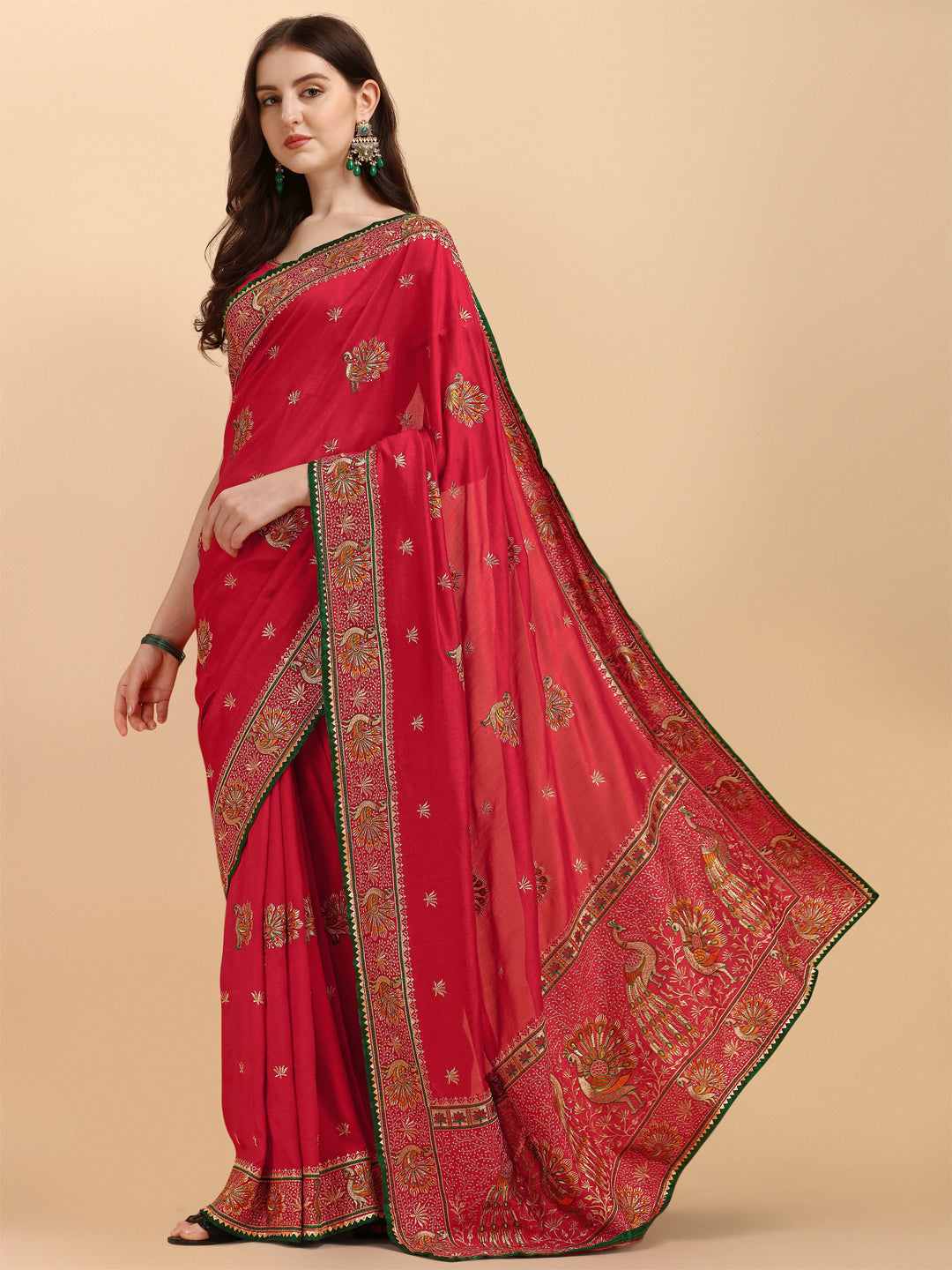 Red Color Vichitra Silk Function Wear Saree