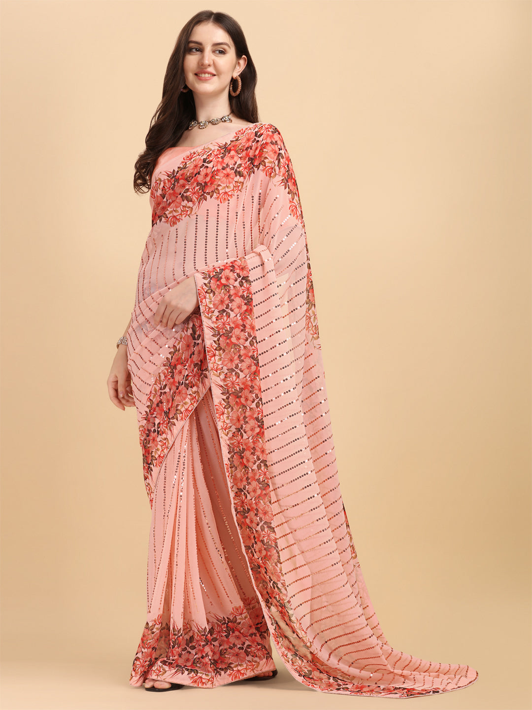 Embellished Sequence Work Peach Color Saree