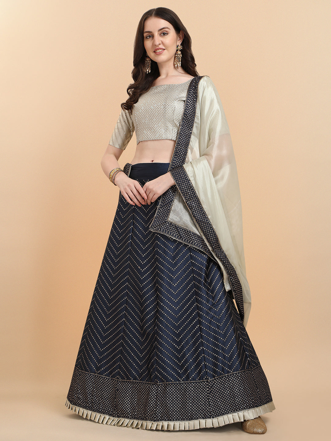 Party Wear Navy Blue Color Sequence Work Satin Silk Lehenga Choli