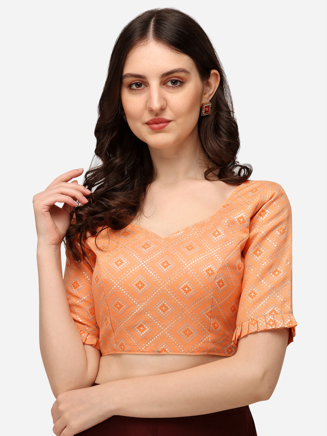 Fancy Peach Color Jacquard Work Sweetheart Neck Blouse