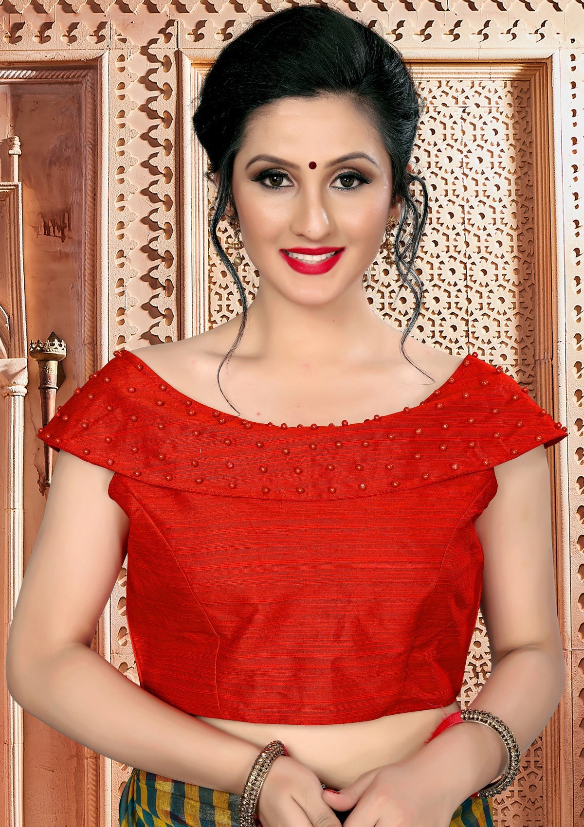 Trendy Red Moti Work Stitched Malabari Silk Blouse