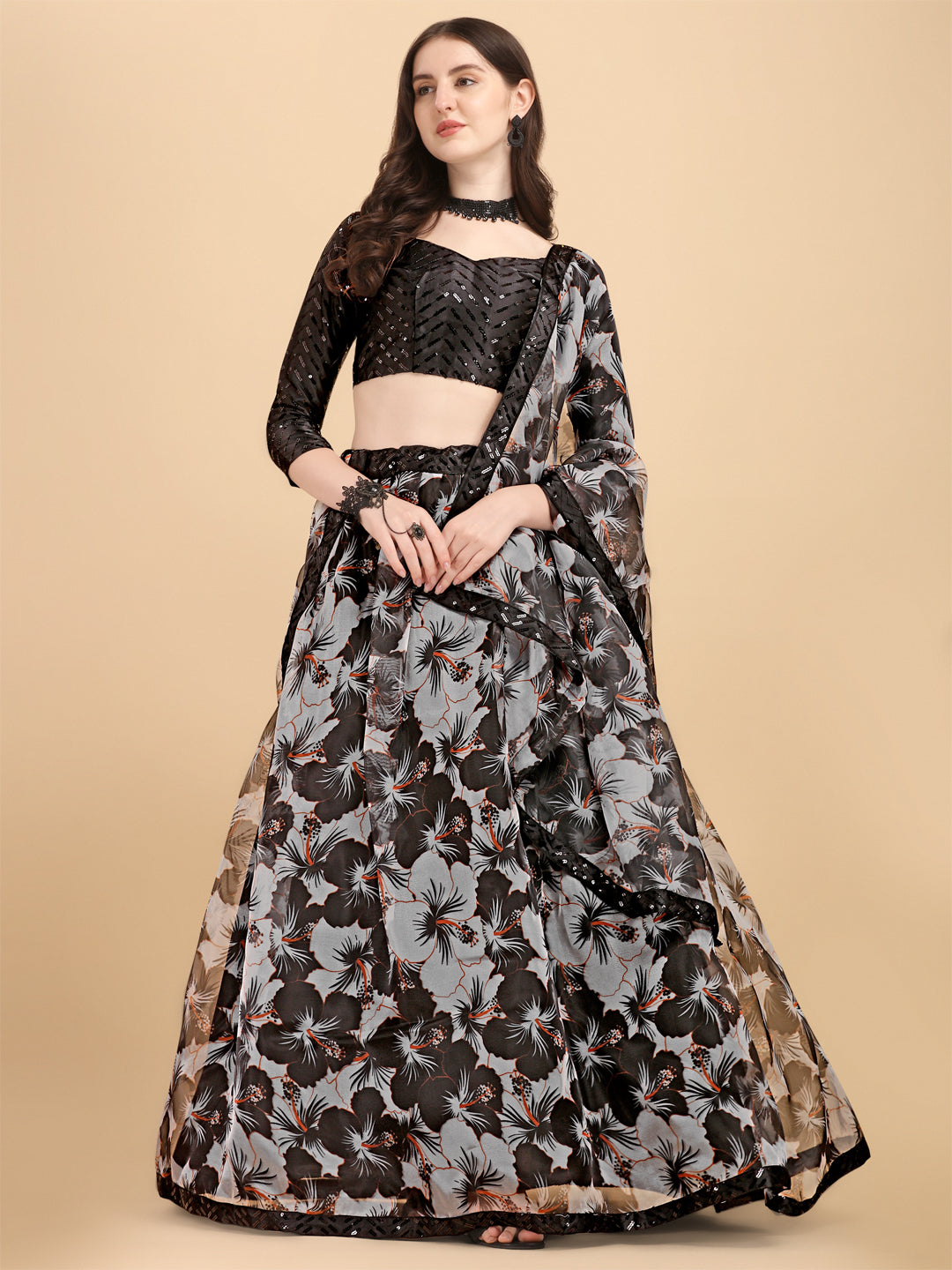 Black & White Color Printed Organza Stylish Lehenga Choli