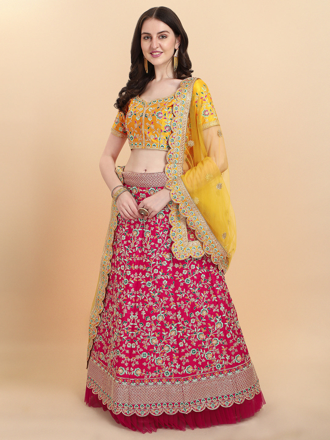 Presenting Pink And Yellow Color Embroidered Work Lehenga Choli