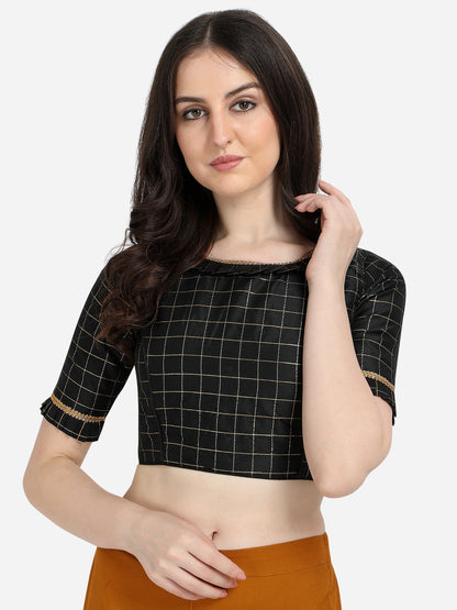 Trendy Black Color Jacquard Work Checkered Pattern Blouse