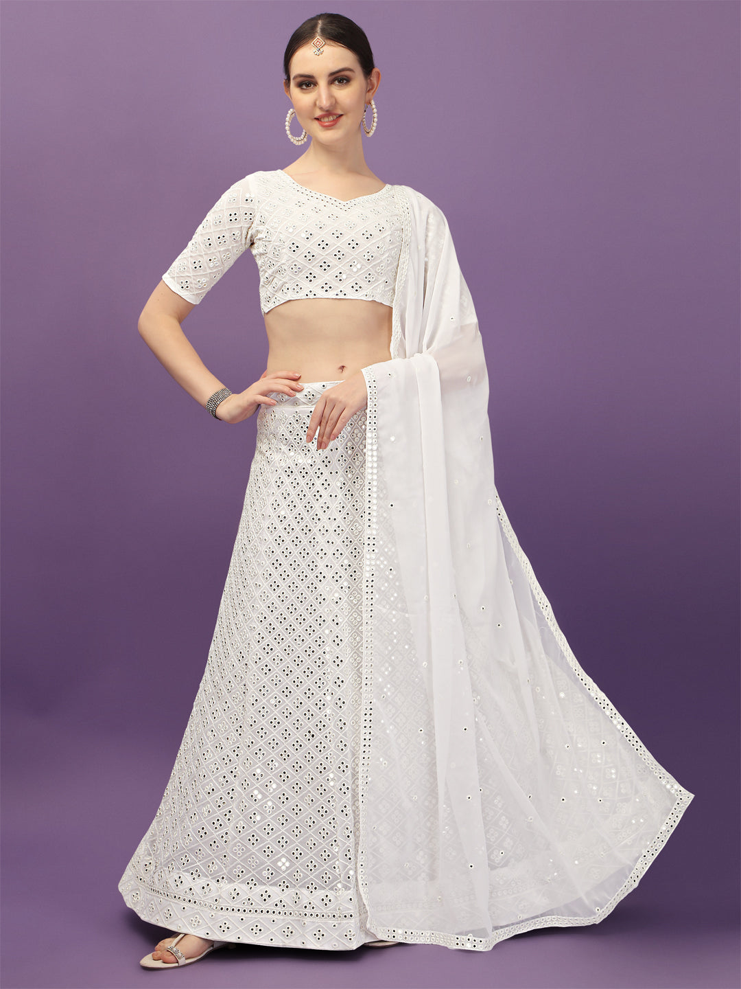 Mirror Embroidered Work White Color Lehenga Choli