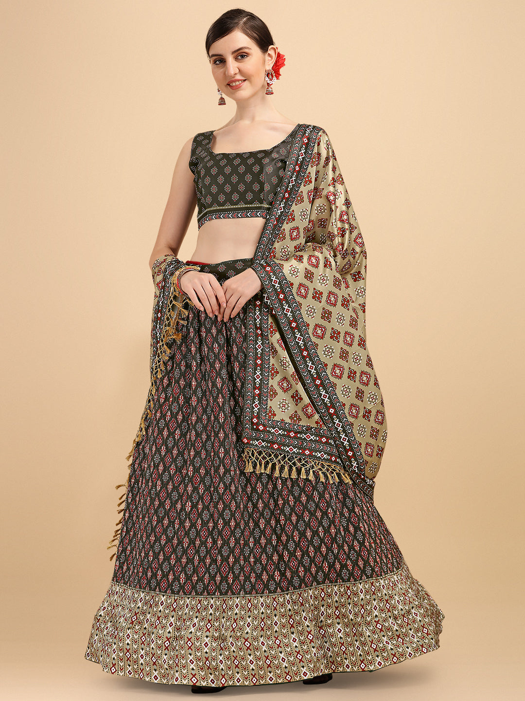 Digital Printed Black & Cream Color Crushed Lehenga Choli