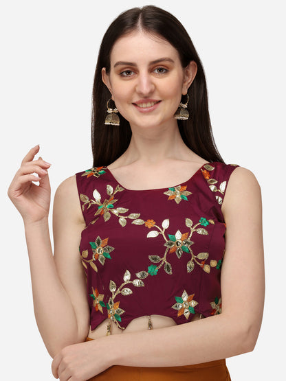 Maroon Color Embroidered Sleeveless Blouse