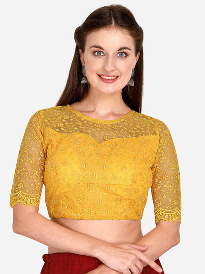 Stylish Yellow Color Embroidered & Sequence Work Net Blouse