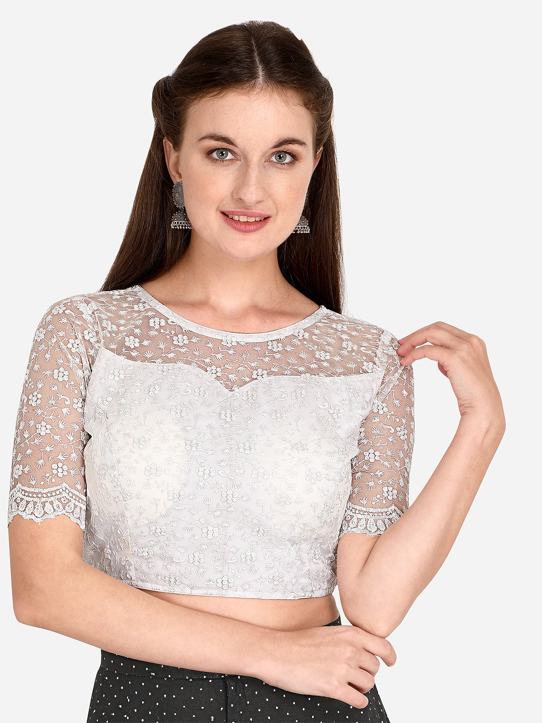 Stylish White Color Embroidered & Sequence Work Net Blouse