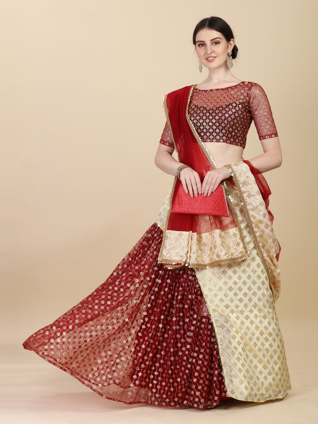 Unique Beige And Maroon Color Satin With Net Lehenga Choli