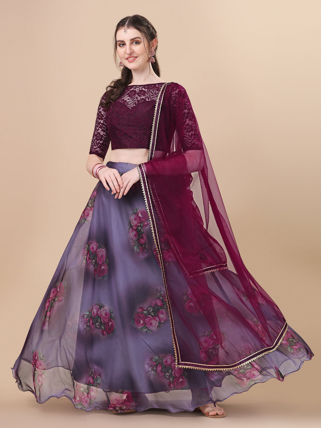 Purple Color Digital Print Organza Lehenga Choli