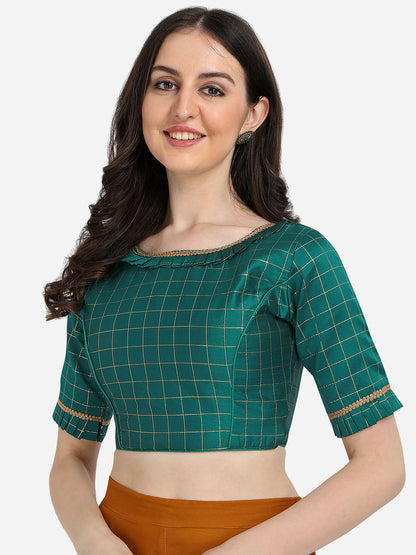 Trendy Green Color Jacquard Work Checkered Pattern Blouse