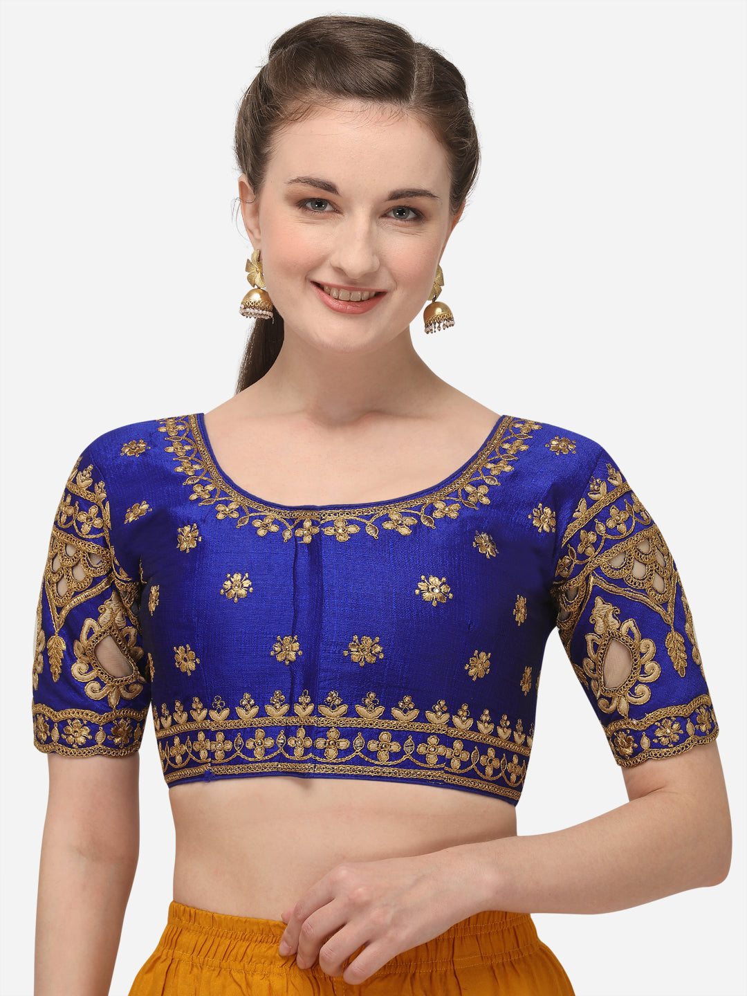 Blue Color Round Neck Embroidery Work Silk Blouse