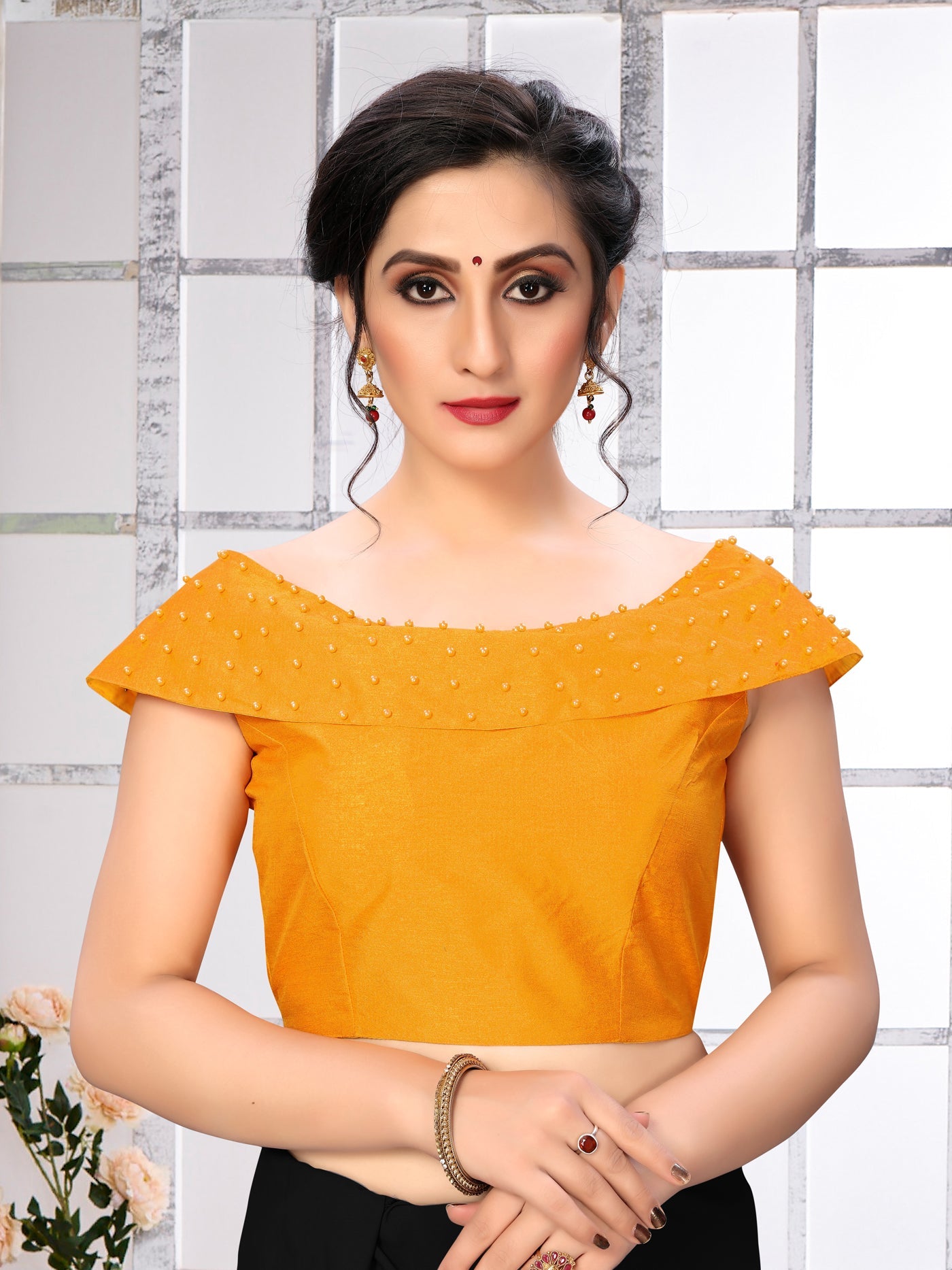 Trendy Yellow Moti Work Stitched Malabari Silk Blouse