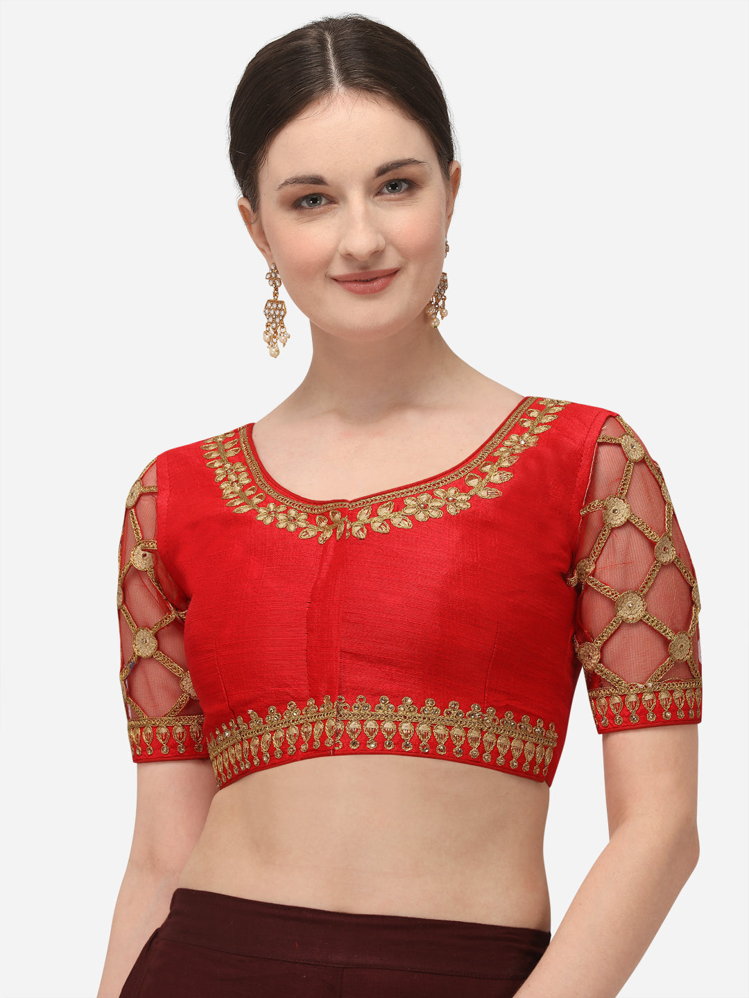 Red & Gold Color Embroidered Phantom Silk Blouse