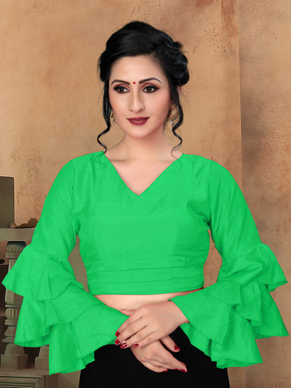 stylish Green color Plain V Neck Stitched Silk Blouse