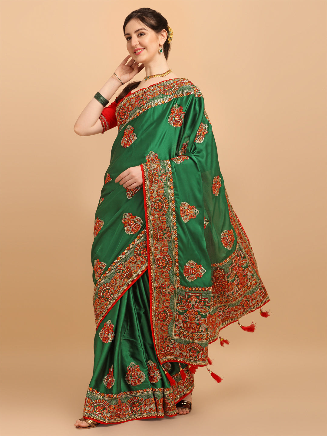 Wedding Wear Green Embroidered Silk Saree