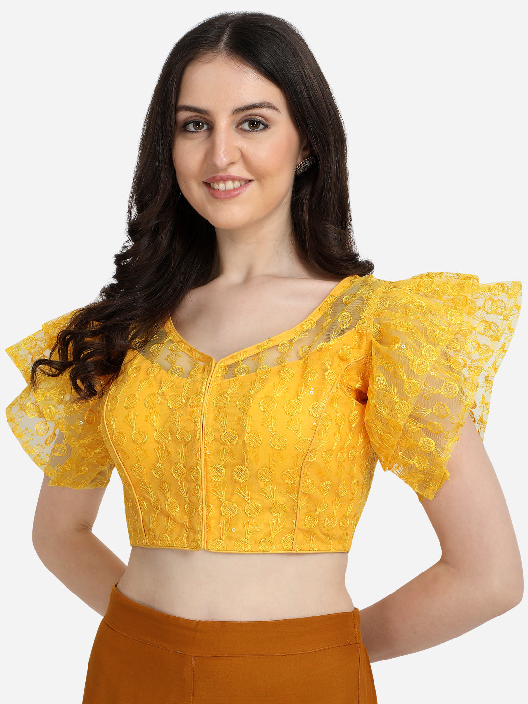 Gorgeous Yellow Color Sequence Work Ruffle Style Blouse