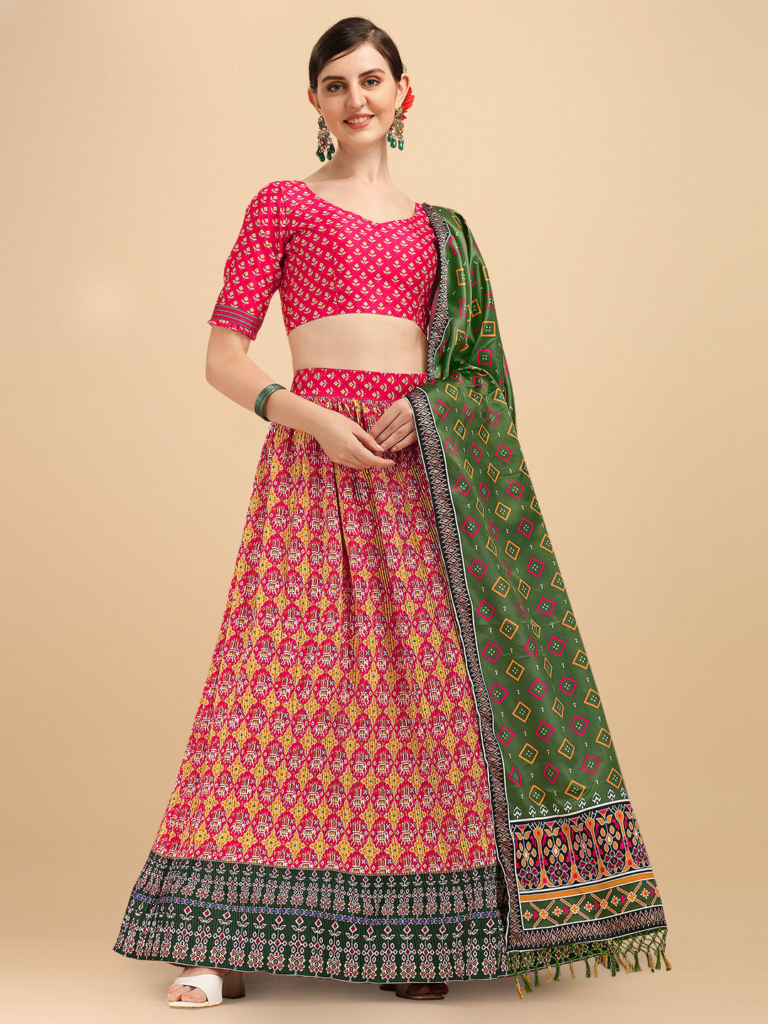 Printed Chanderi Silk Lehenga in Light Olive Green : LEY11