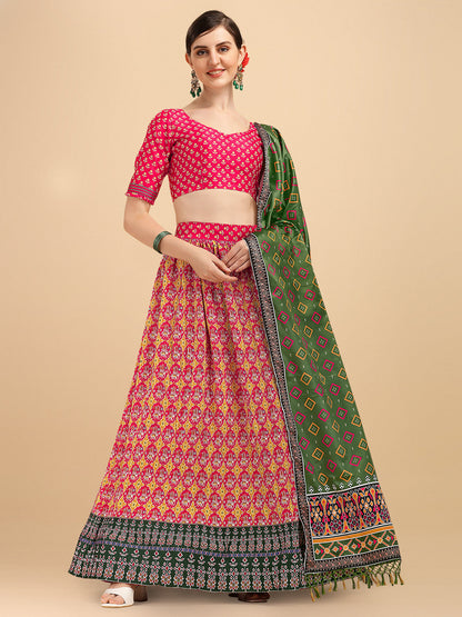 Digital Printed Pink & Olive Green Color Crushed Lehenga Choli