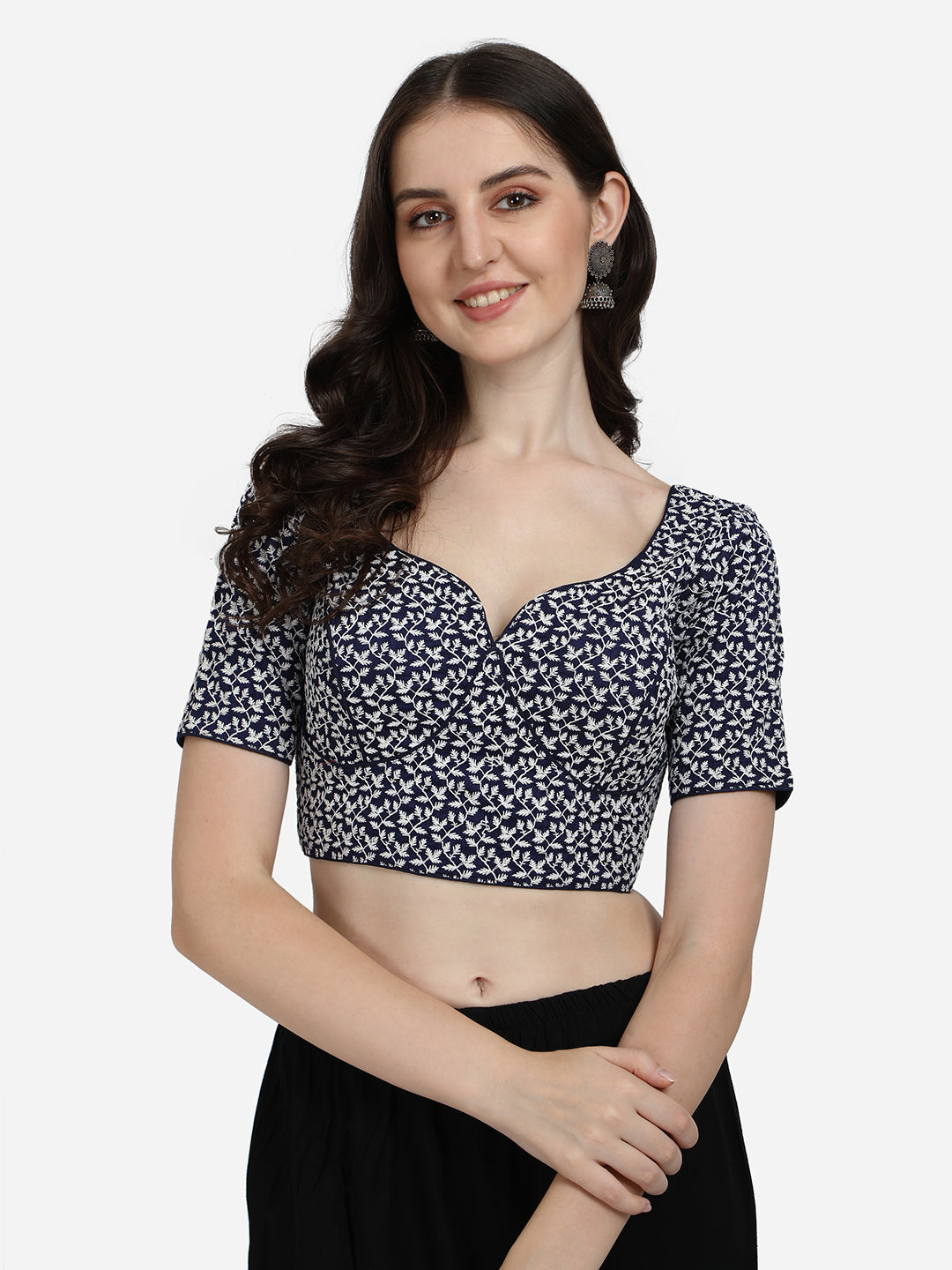 Navy Blue Color Sweetheart Neck Embroidered Blouse