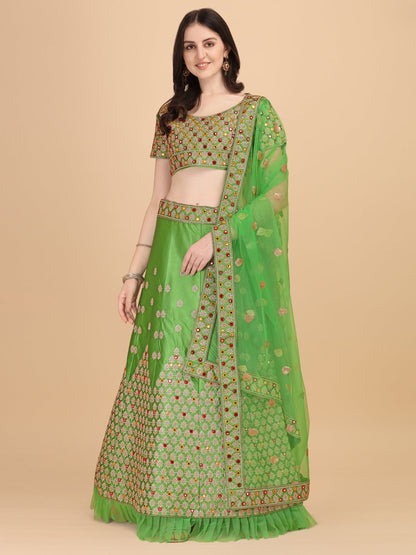 Mirror Embroidery Work Light Green Color Lehenga Choli