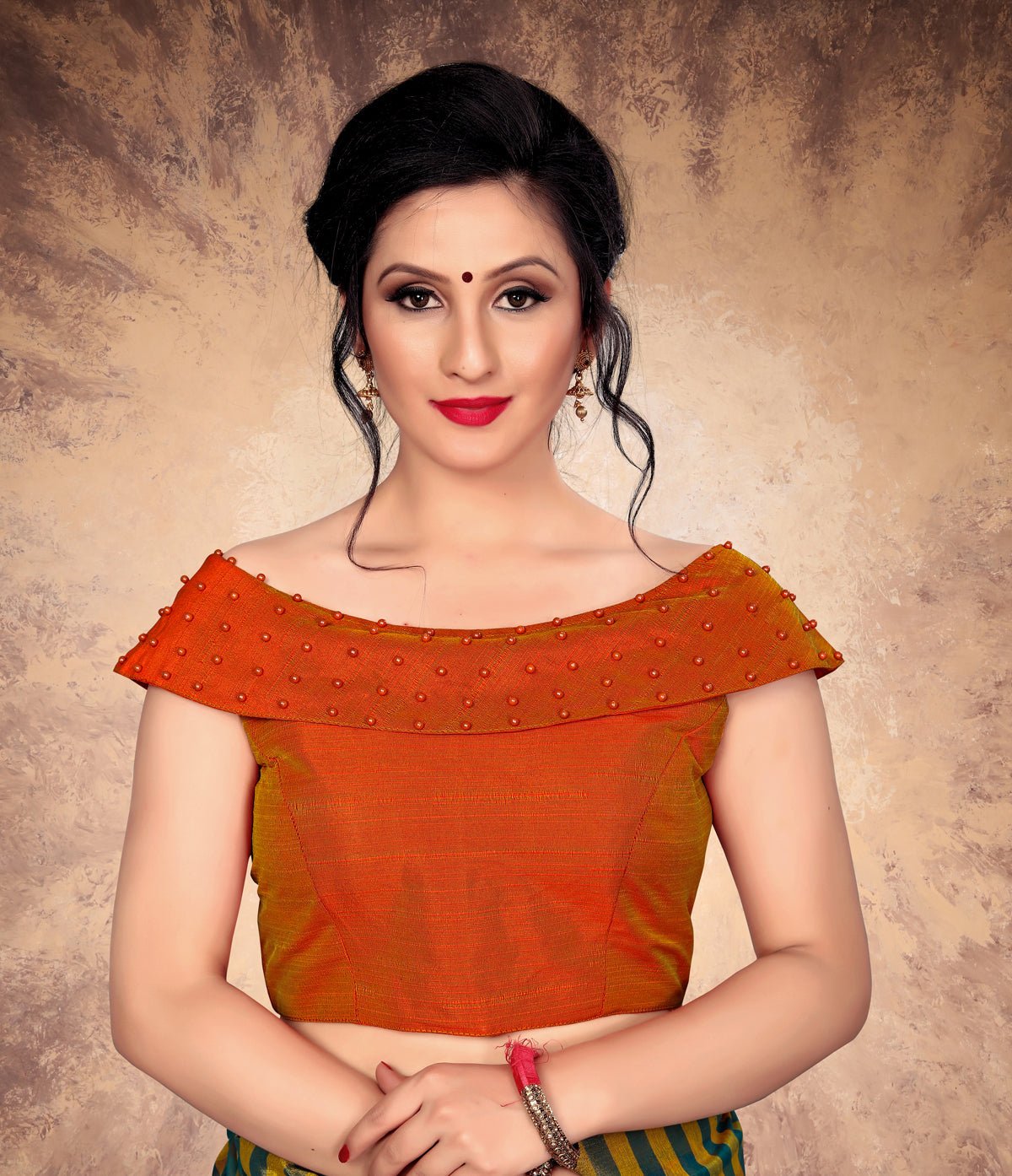 Trendy Orange Moti Work Stitched Malabari Silk Blouse