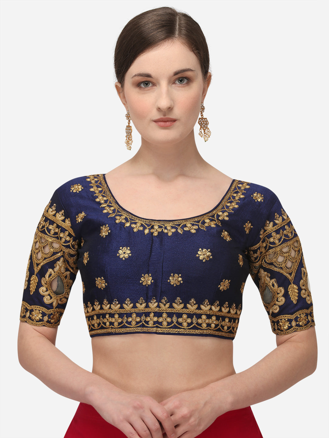 Navy Blue Color Round Neck Embroidery Work Silk Blouse