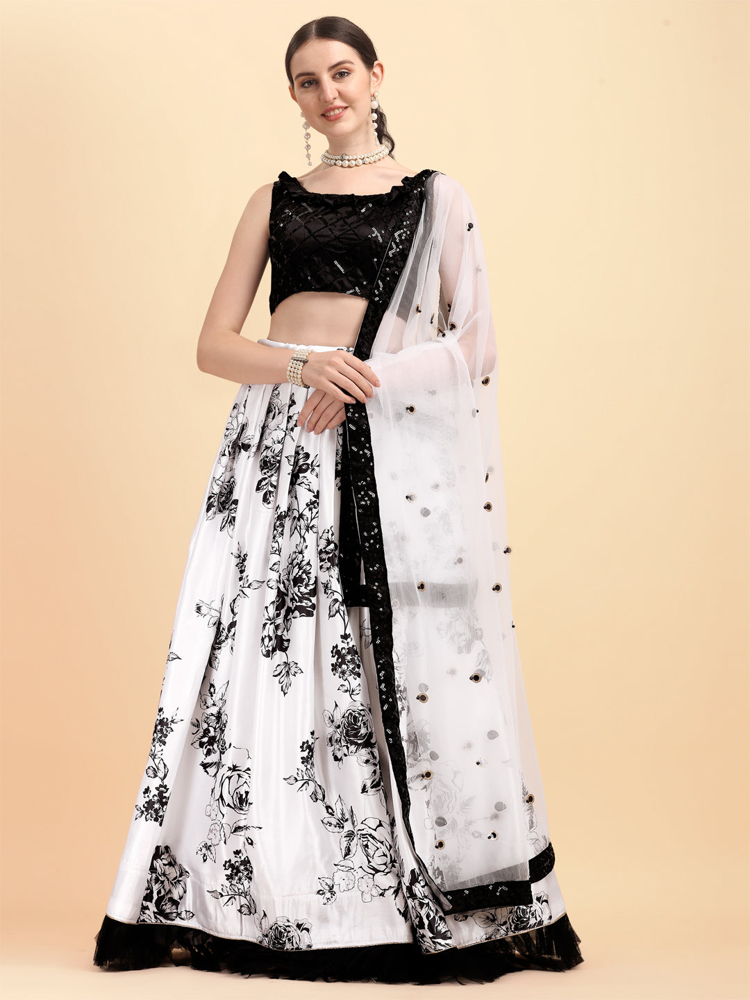Navratri Black and Grey, White and Off White color Cotton fabric Lehenga :  1741773