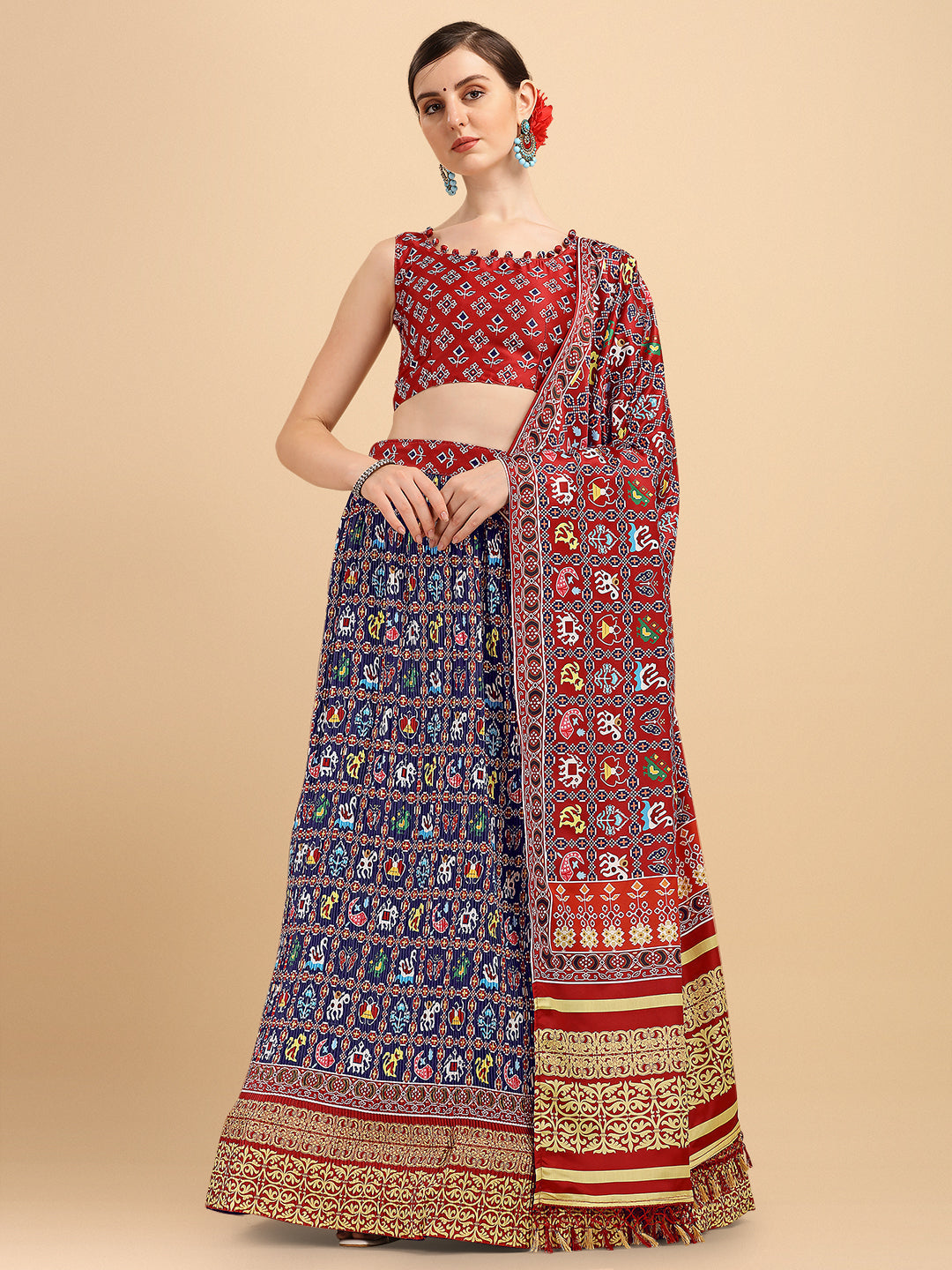 Awesome Navy Blue & Red Color Digital Printed Crushed Lehenga Choli