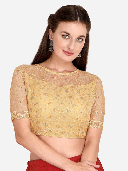 Stylish Beige Color Embroidered & Sequence Work Net Blouse