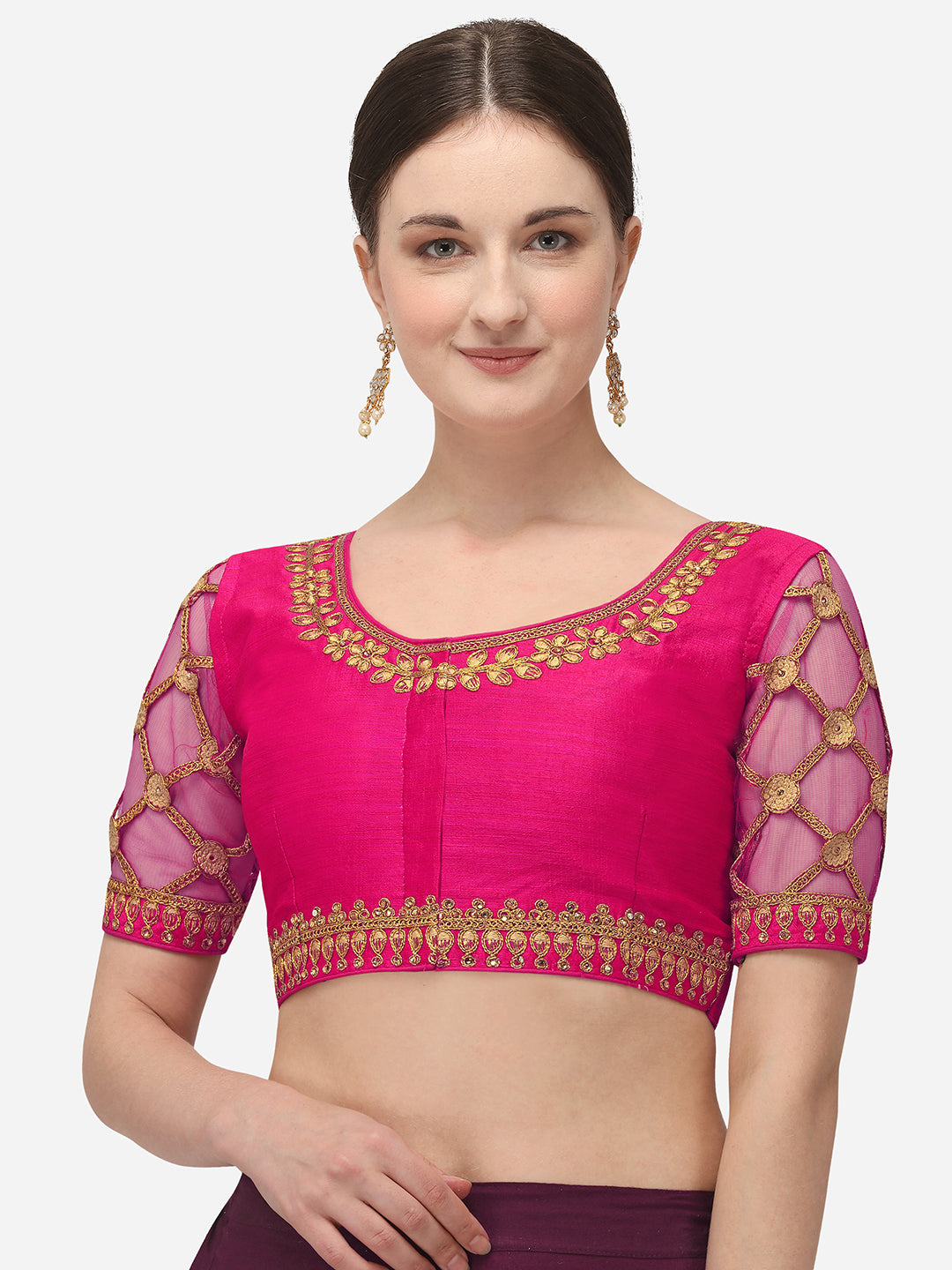 Pink & Gold Color Embroidered Phantom Silk Blouse